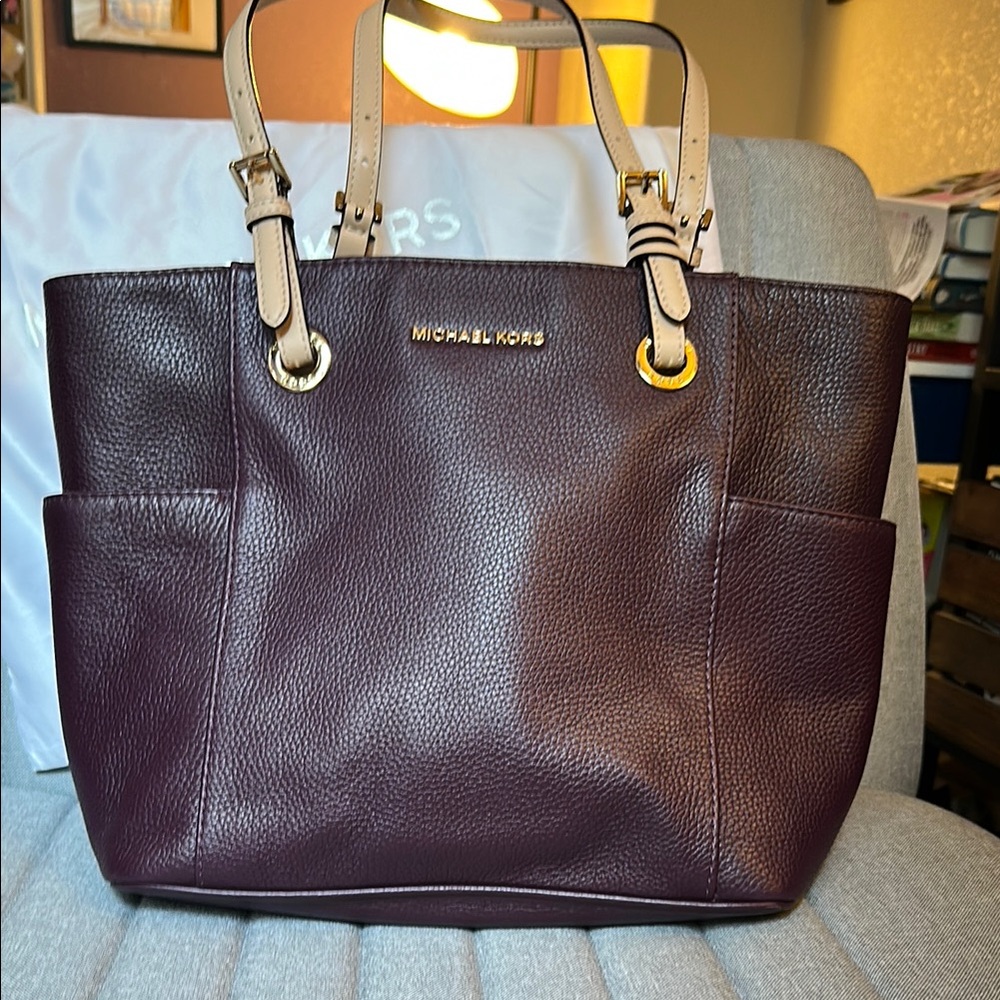 Michael Kors Plum/Deep Purple Leather Tote Bag with Gold Hardware
